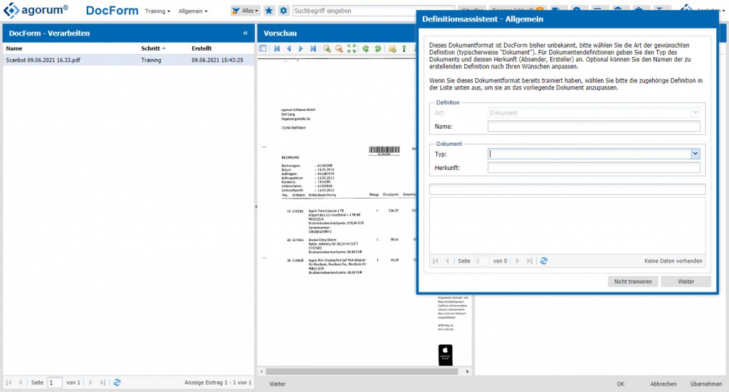 Dokumententraining beginnen